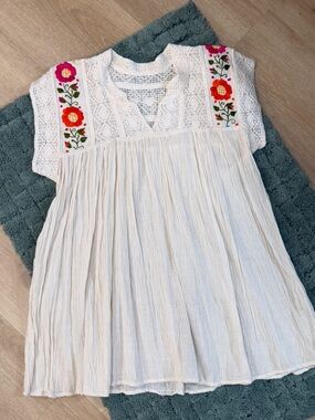 Cotton cream crinkled Embroidered Aztec Tunic Top Floral Yoke Ethnic Summer M